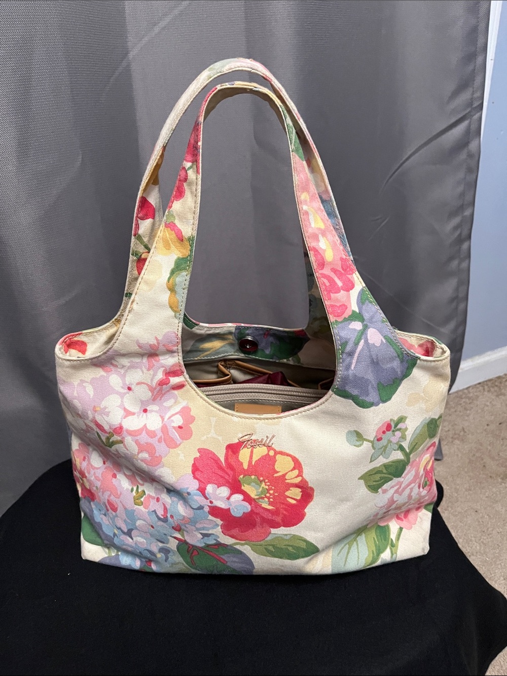 Fossil Cream Floral Canvas Tote with Pink & Red Blooms